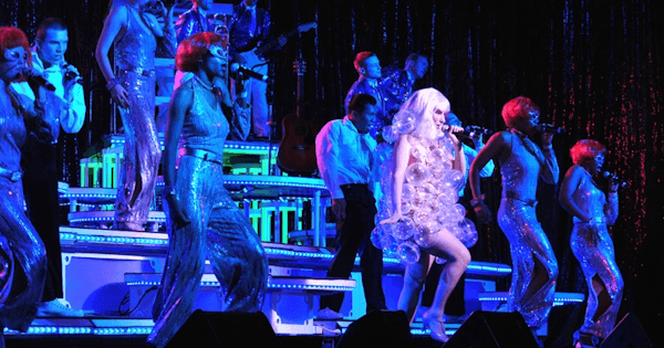 Lady Gage performs in iconic bubble dress for the air force fighter wing, Oct 2010, photo by journalist Amber Kurka